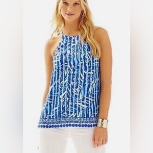 Lilly Pulitzer Leaf‎ and Dot Samba 100% Silk Top bright colorful vacation blue
